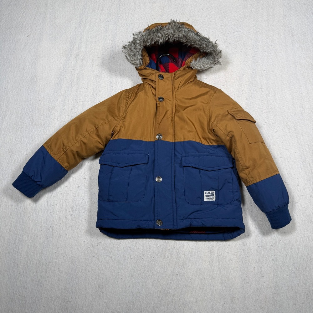 OshKosh B'gosh Kids Tan Blue Colorblock Winter Parka Faux Fur Hood Jacket Size 4